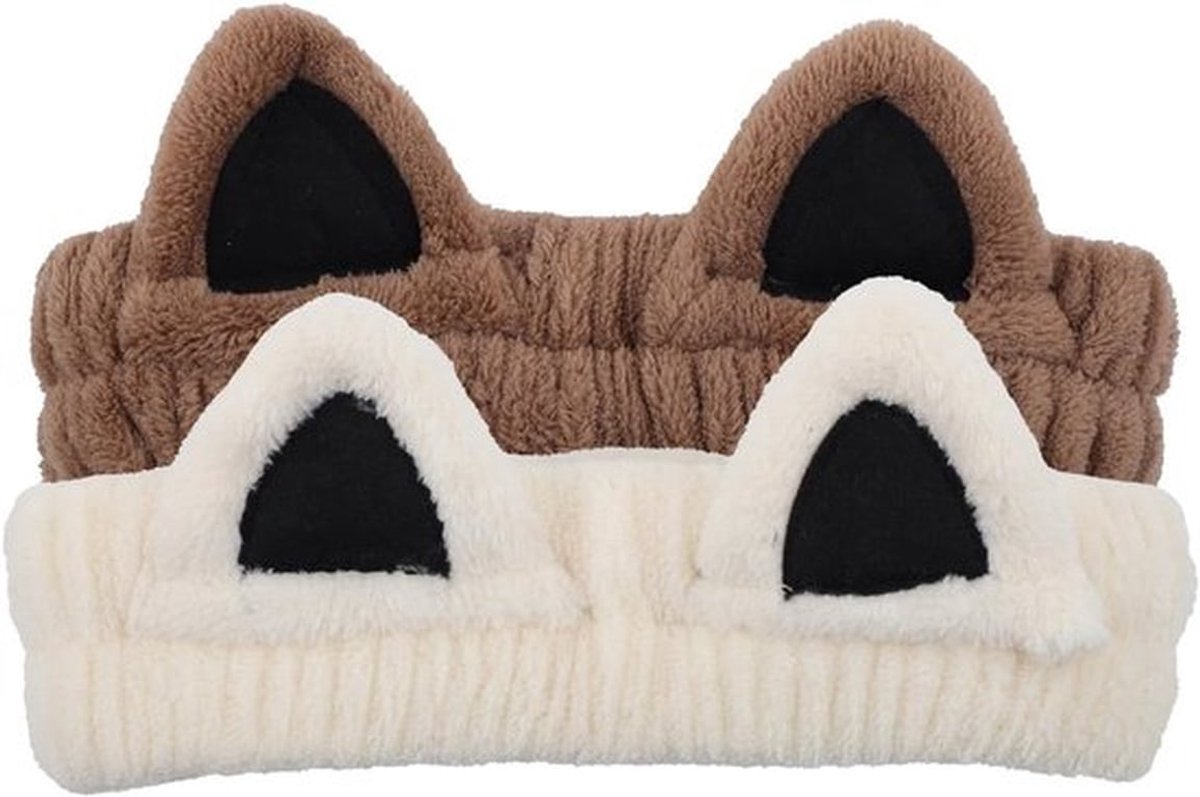 2 Stuks Kattenoren Hoofdbanden, Spa Hoofdbanden Zachte Koraal Fleece Elastische Hoofdband Schattige Harige Kat Make-Up Hoofdband voor Vrouwen Meisjes Wassen Gezicht Make-Up Huidverzorging