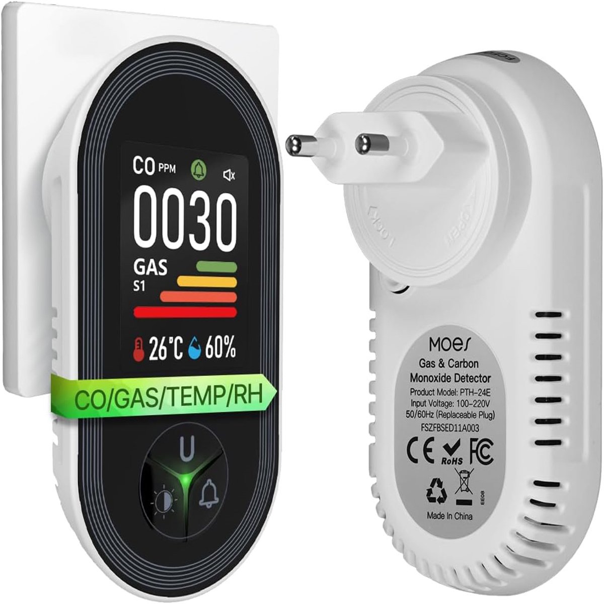 carmdering - Co Gas Detector | Luchtkwaliteitmeter | Plug-in | LCD Display | Alarm 85 dB | Automatische reset | Zwart