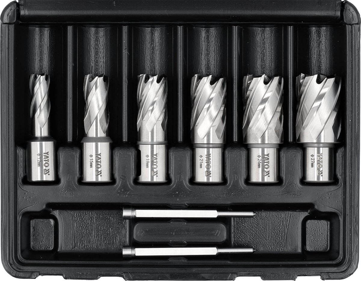 YATO YT-43400 Professionele HSS Kernborenset – 8-Delig (12-27 mm) – Weldon Opname – Met 2 Centrerepennen – Kernboren voor Staal, Metaal & Profielen