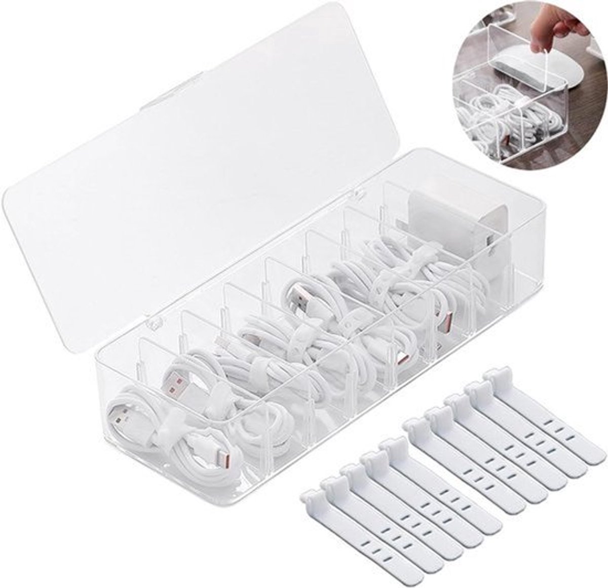 10 Kabelbinders Kabelbeheerdoos met 8 Compartimenten - Aanrechtopslagdoos Transparante Plastic Bureauaccessoires Opslagdoos