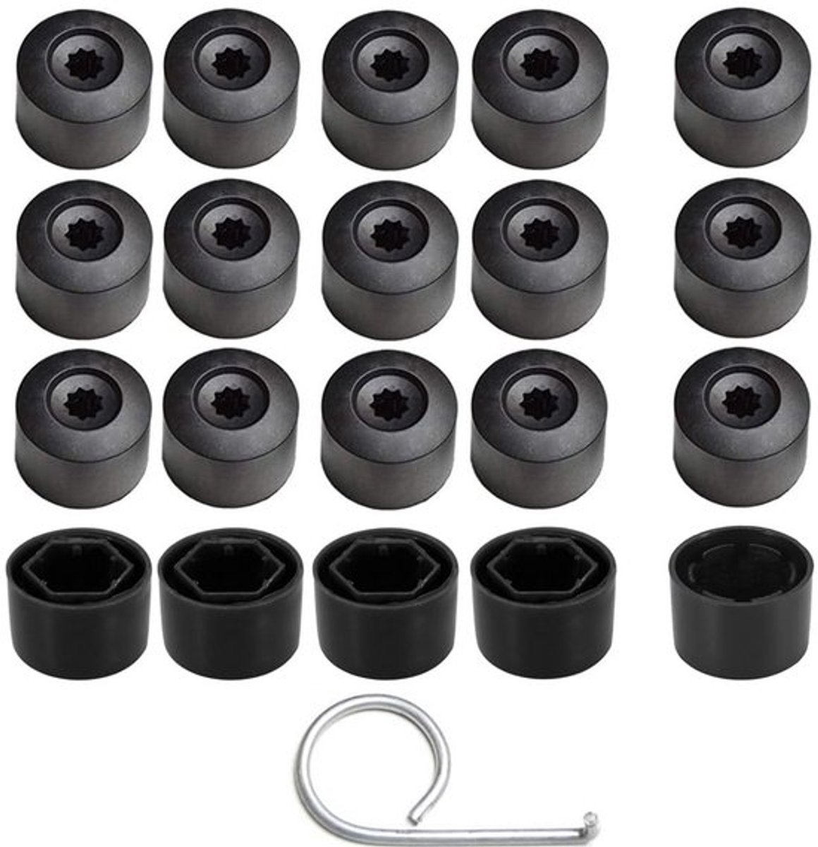 20 stuks wielmoerkap boutcovers 17mm universele hexagonale bandmoerkappen (4 stuks anti-diefstal slotboutkap + 16 stuks normale kap) met verwijdertool (zwart)