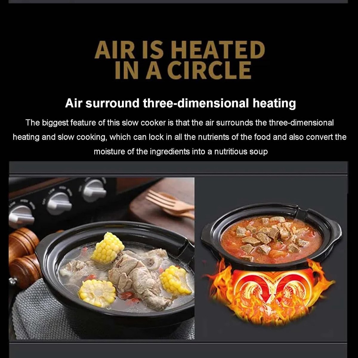 Slow Cooker - Stoofpot Braadpan - Langzaam Koken - Drie-dimensionale Verwarming - 1.2L - Zwart – foto 2
