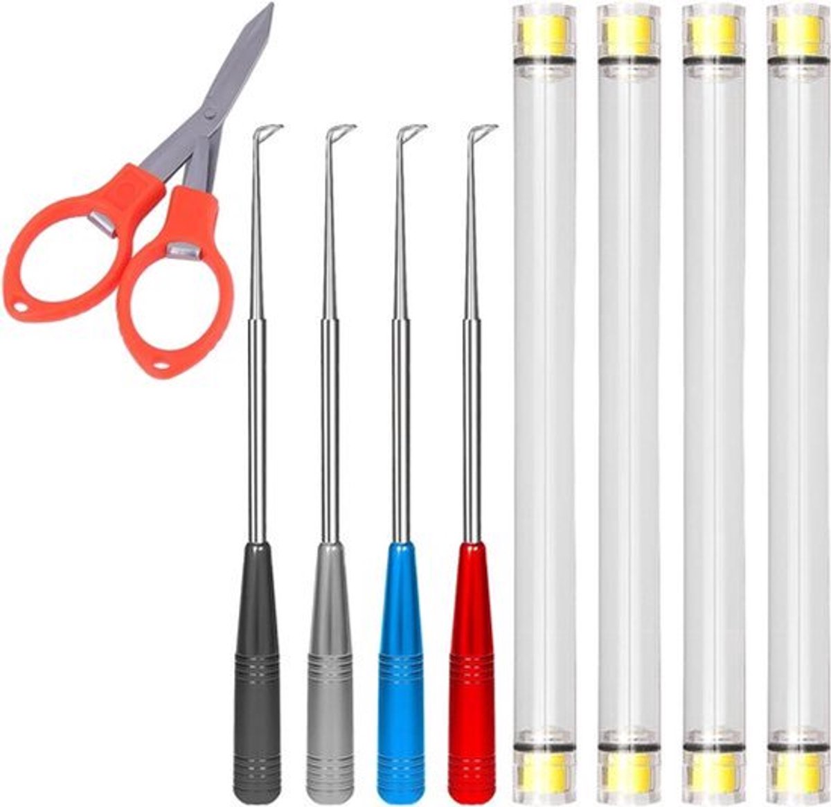 Vishaakverwijderaar - 5 st Roestvrijstalen Fish Hook Remover, 1 st Rode Opvouwbare Schaar Extractor Zinklegering met Opbergbuis
