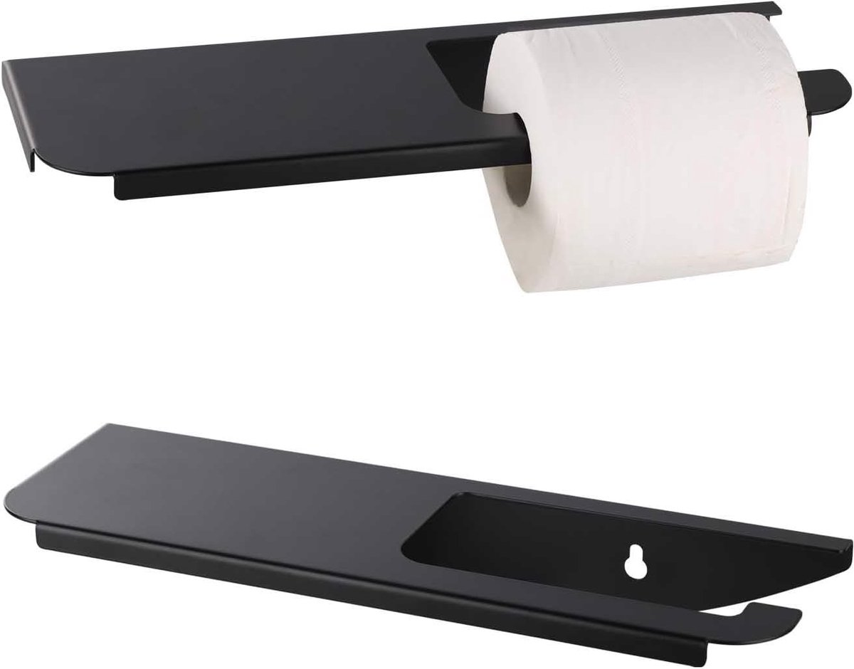 Merkloos Zelfklevende Toiletrolhouder met Plank - Zwart Metaal