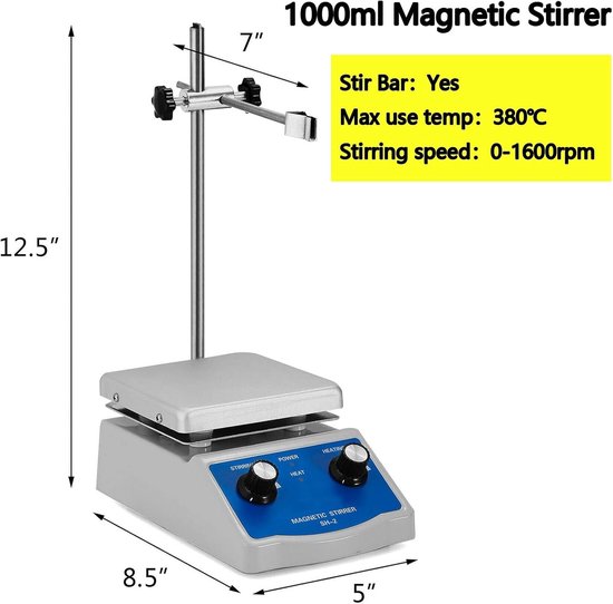 Elektrische Magneetroerder - Heetplaat Mixer - Vloeistoffen Mengen - Keramische Verwarmingsplaat - 1000ml 0-1600 rpm - Wit — afbeelding 5