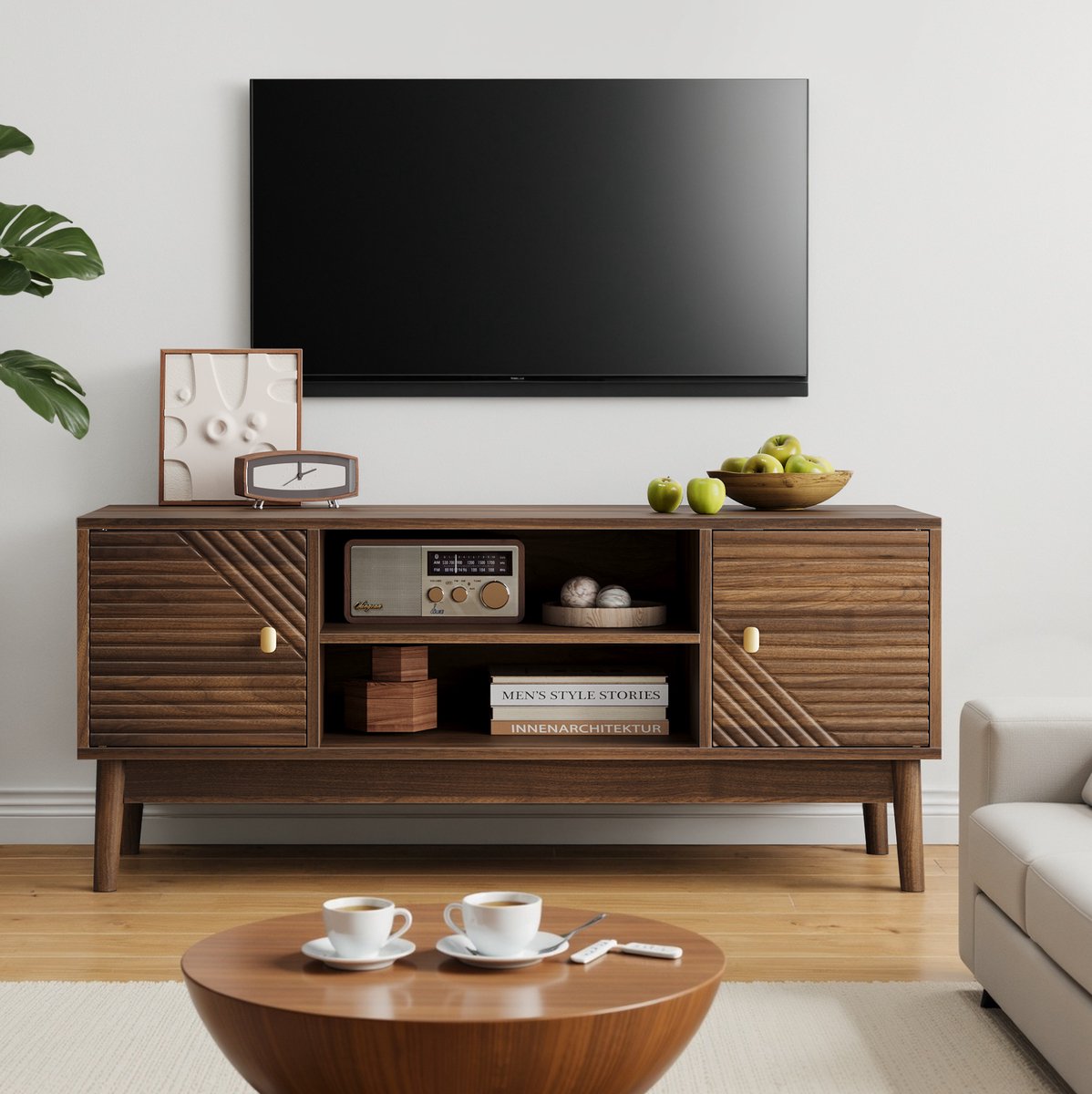 TV-Meubel - Mid-Century Stijl Met Open Vak En Openslaande Deuren - Walnoot - MDF - 110 X 40 X 48 Cm