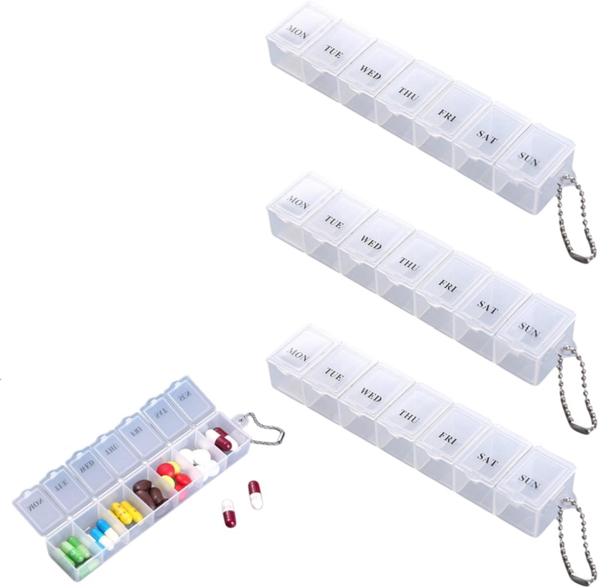 3 stuks - Pillendoos voor 7 dagen - Reispillendoos - Draagbare pillendoos voor een week - Pillendoos met 7 vakjes - Mini pillendoos - Vochtbestendig - Medicatieherinnering - Wit - 15 × 3 × 2,3 cm - Past in portemonnee of broekzak