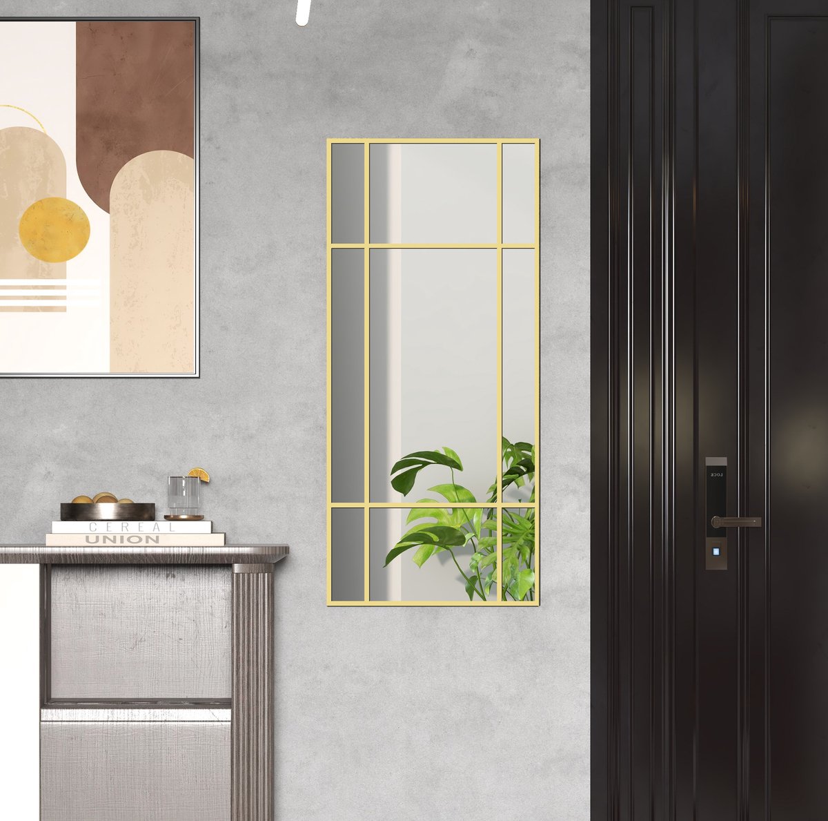 Wandspiegel Rechthoekig 110 x 50 cm Met Gouden Metalen Lijst En Rasterdesign Voor Hal En Woonkamer