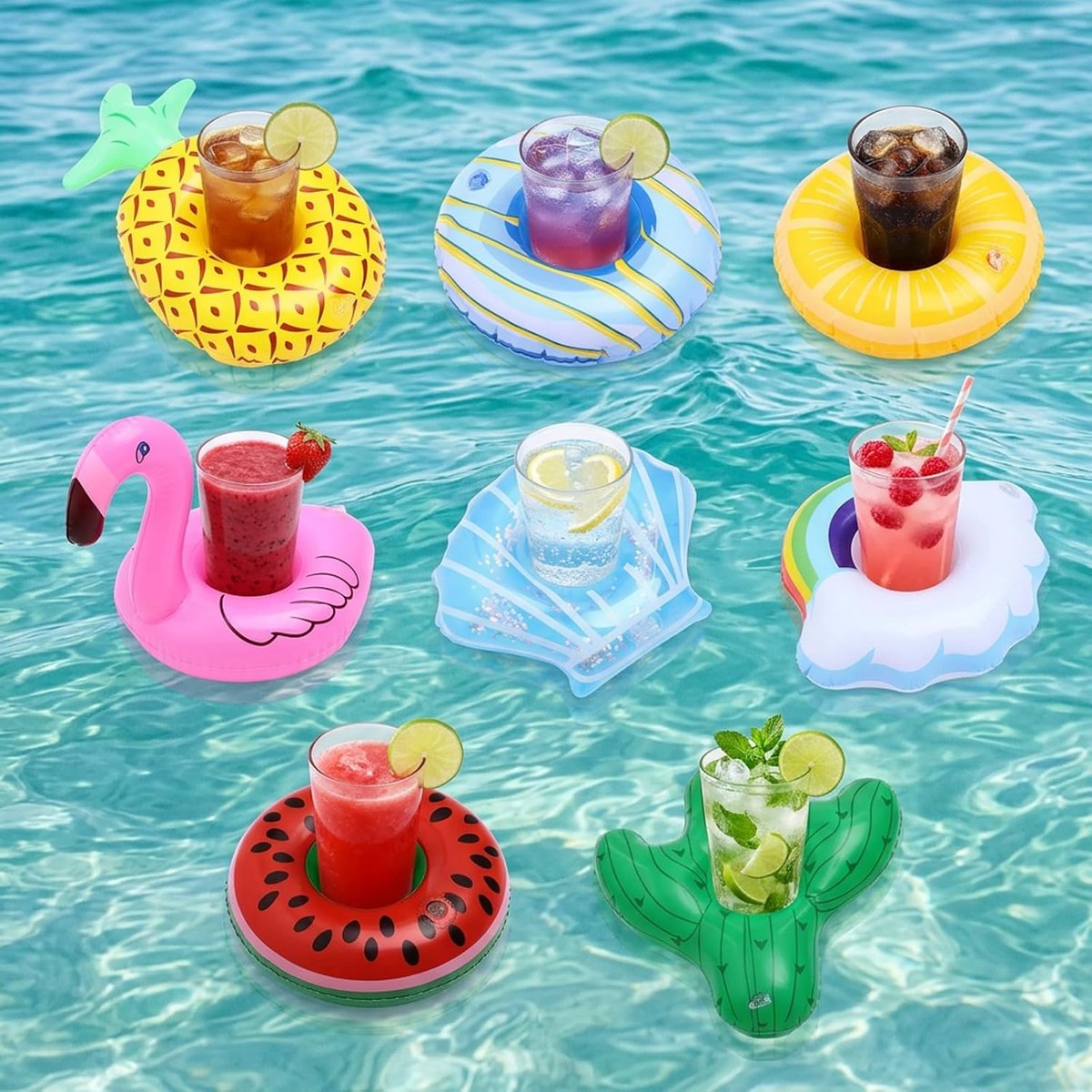 Opblaasbare bekerhouder set van 8 - Flamingo fruit ontwerpen - Voor dranken in het zwembad - ShopVlot