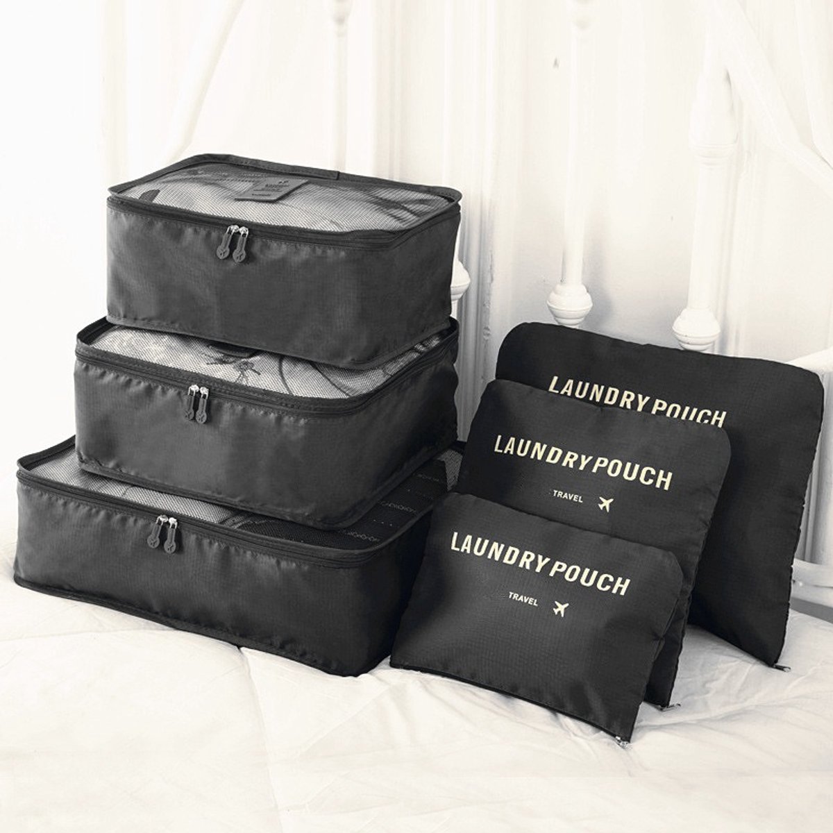 Koffer organizer - 6-in-1 set - Reisorganizer inclusief 3 x verpakkingsblokken en 3 x opbergzakken - Reiskledingzakken voor droge kleding, ondergoed, cosmetica en andere accessoires - zwart
