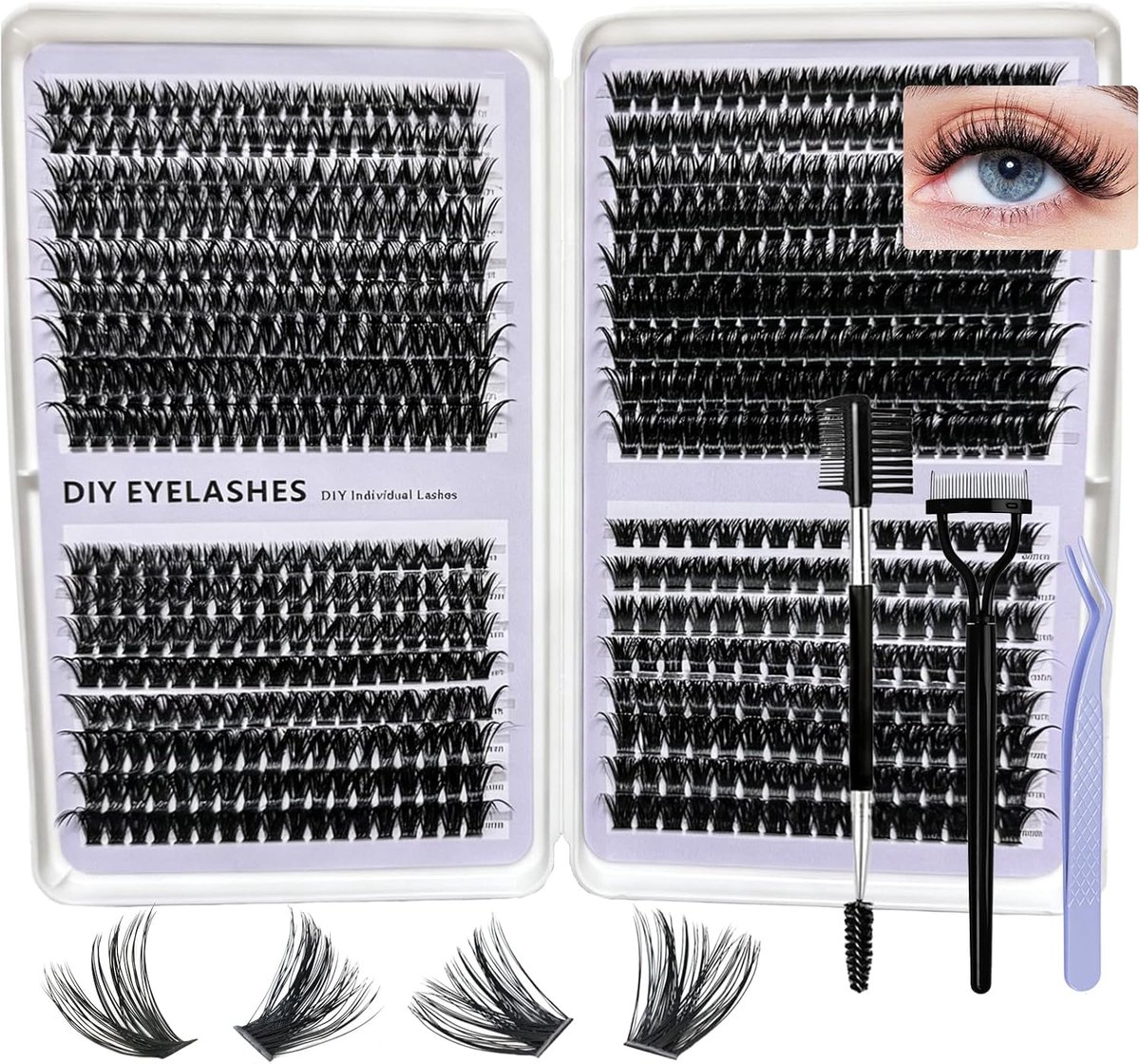 Wimperextensions set 608 stuks - 60D-80D-100D-120D clusters - met pincet en scheidingsborstel - voor een perfecte look - ShopVlot