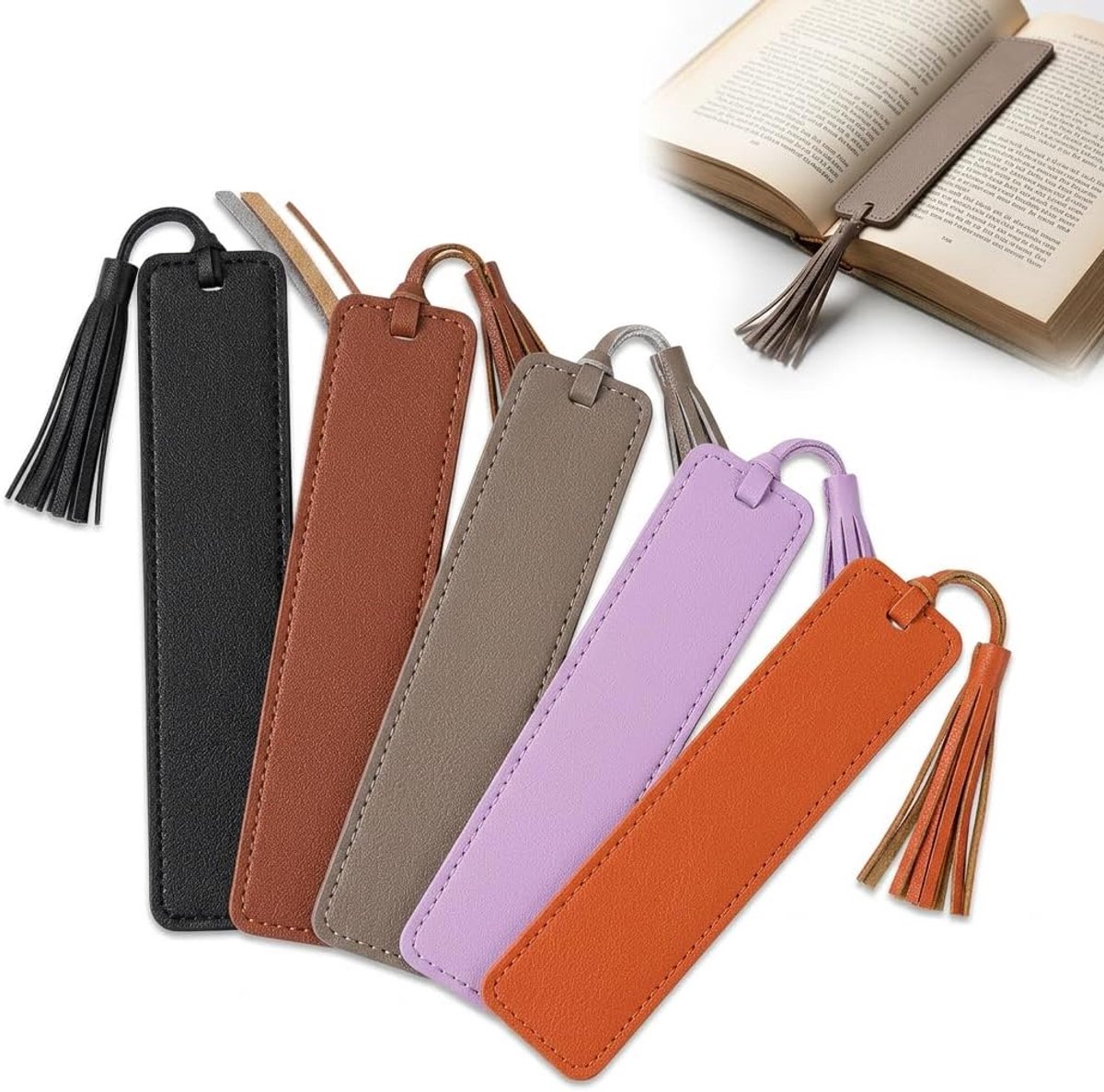 Leren bladwijzers set van 5 - meerkleurig - klassiek genaaid - perfect voor boekenliefhebbers - ShopVlot