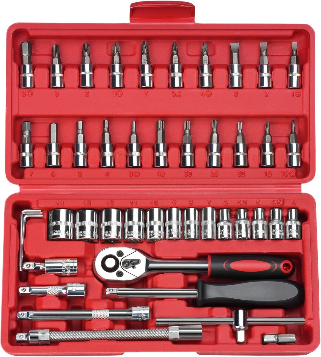 Steeksleutelset 46-delig - 1/4 inch en bits - chroom vanadium staal - ideaal voor auto en huis - ShopVlot