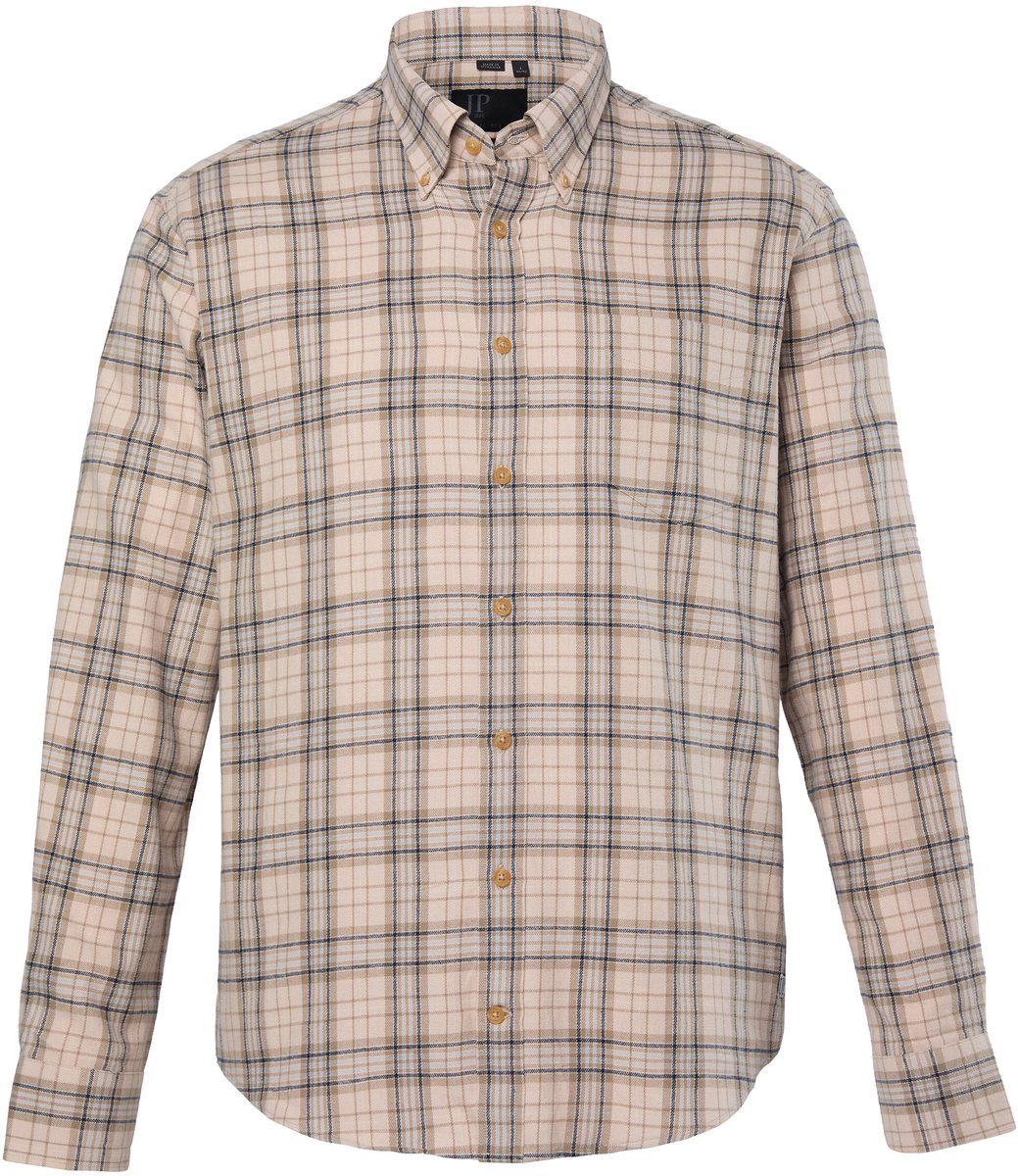 JP 1880 - Heren - Geruit overhemd lange mouwen modern fit flanel tot 8XL - Zand - Maat XXL