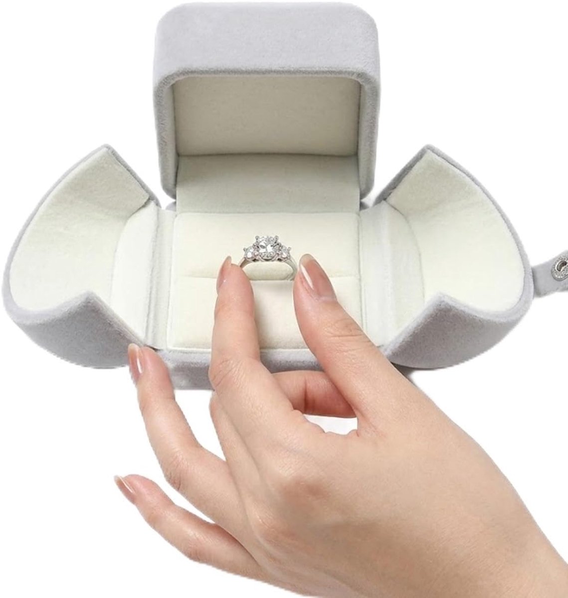Ringdoos grijs fluwelen - dubbele ringdoos - bescherming sieraden - ideaal voor huwelijksaanzoek - ShopVlot