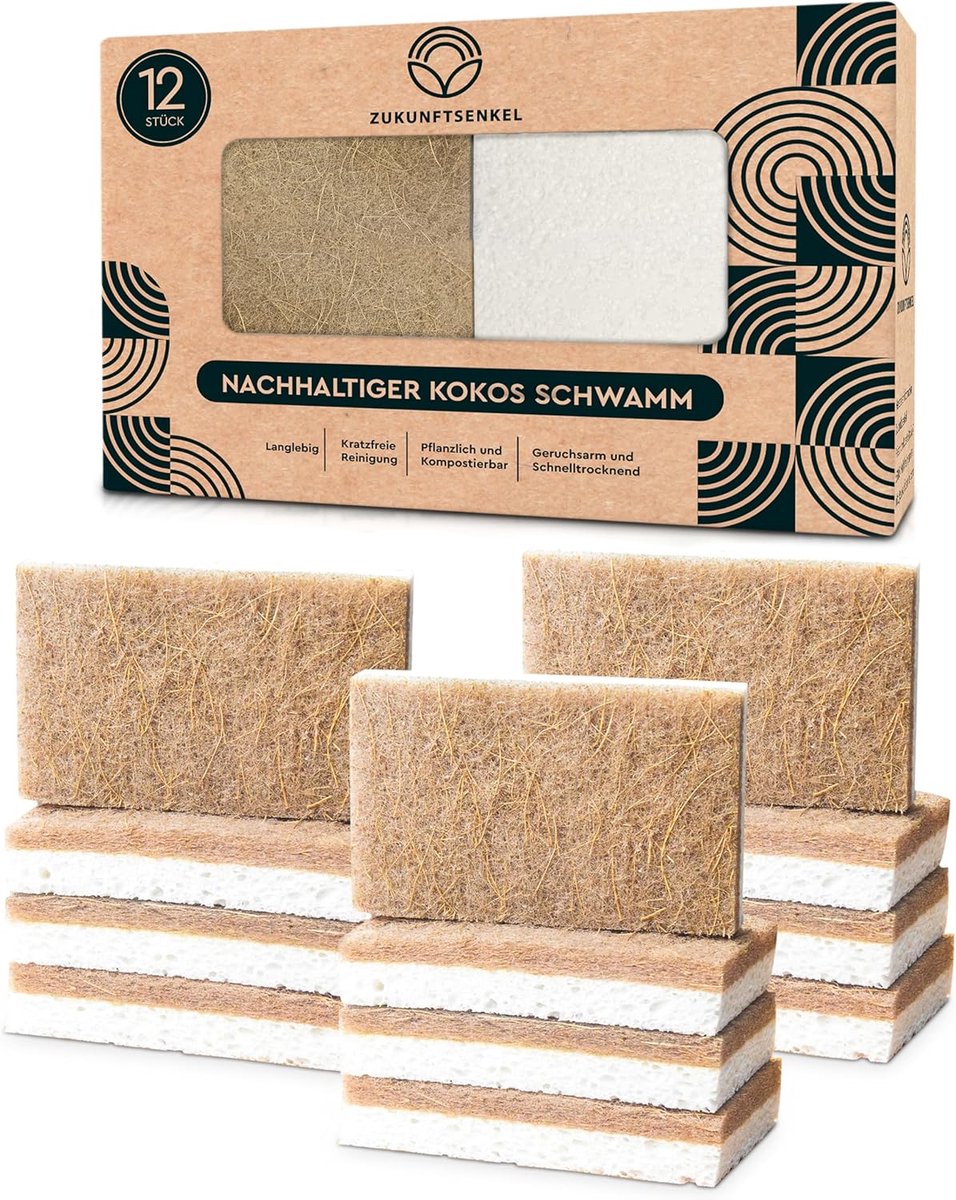 Keuken sponsen 12 stuks - Biologisch afbreekbaar - Natuurlijke kokos sponsen - Duurzaam en ecologisch verantwoord - ShopVlot
