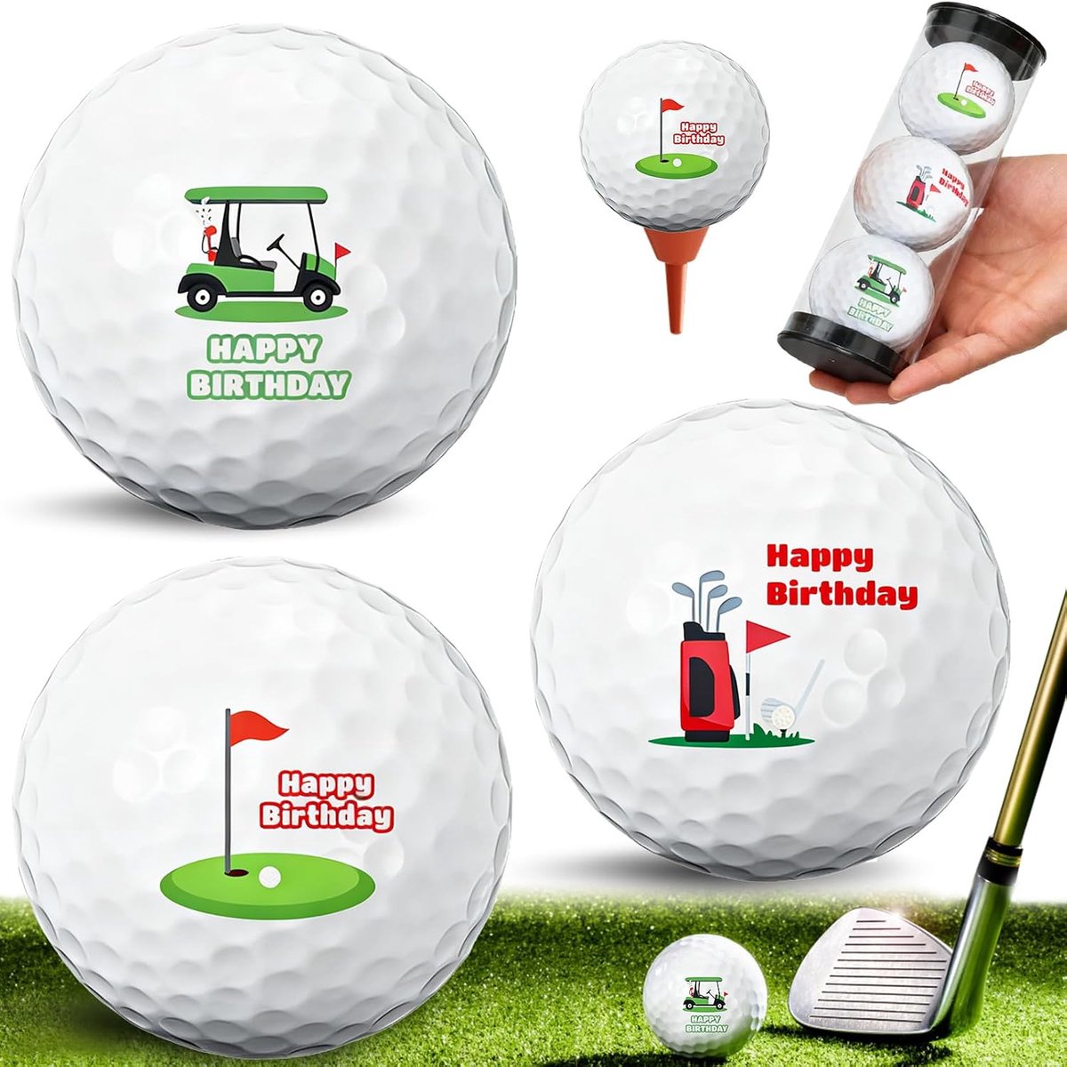 Golfballen 3-pack - Motief Happy Birthday - Grappig cadeau voor golfers - Perfect voor verjaardagen - ShopVlot