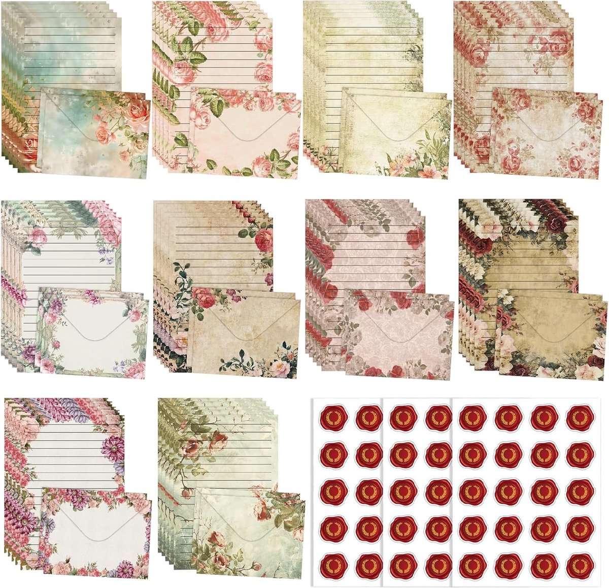 Stationery set 160 stuks - vintage bloemen - 50 gelinieerde vellen en enveloppen - perfect voor brieven en kaarten - ShopVlot