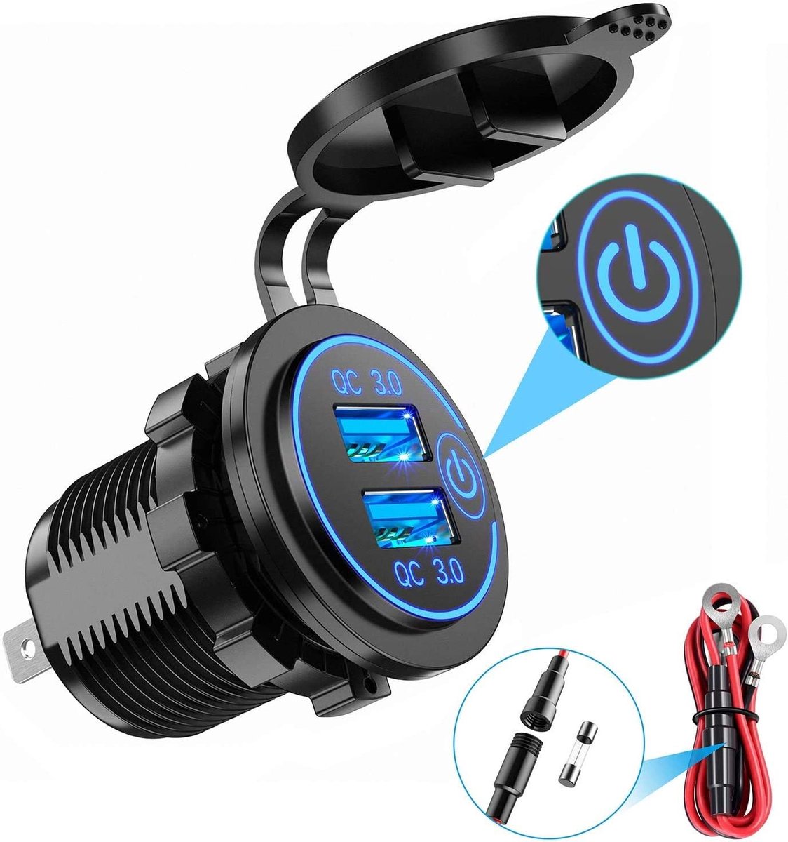 USB lader QC 3.0 met touch schakelaar - voor voertuigen 12V~24V - navy blauw - gelijktijdig opladen van 2 apparaten - ShopVlot