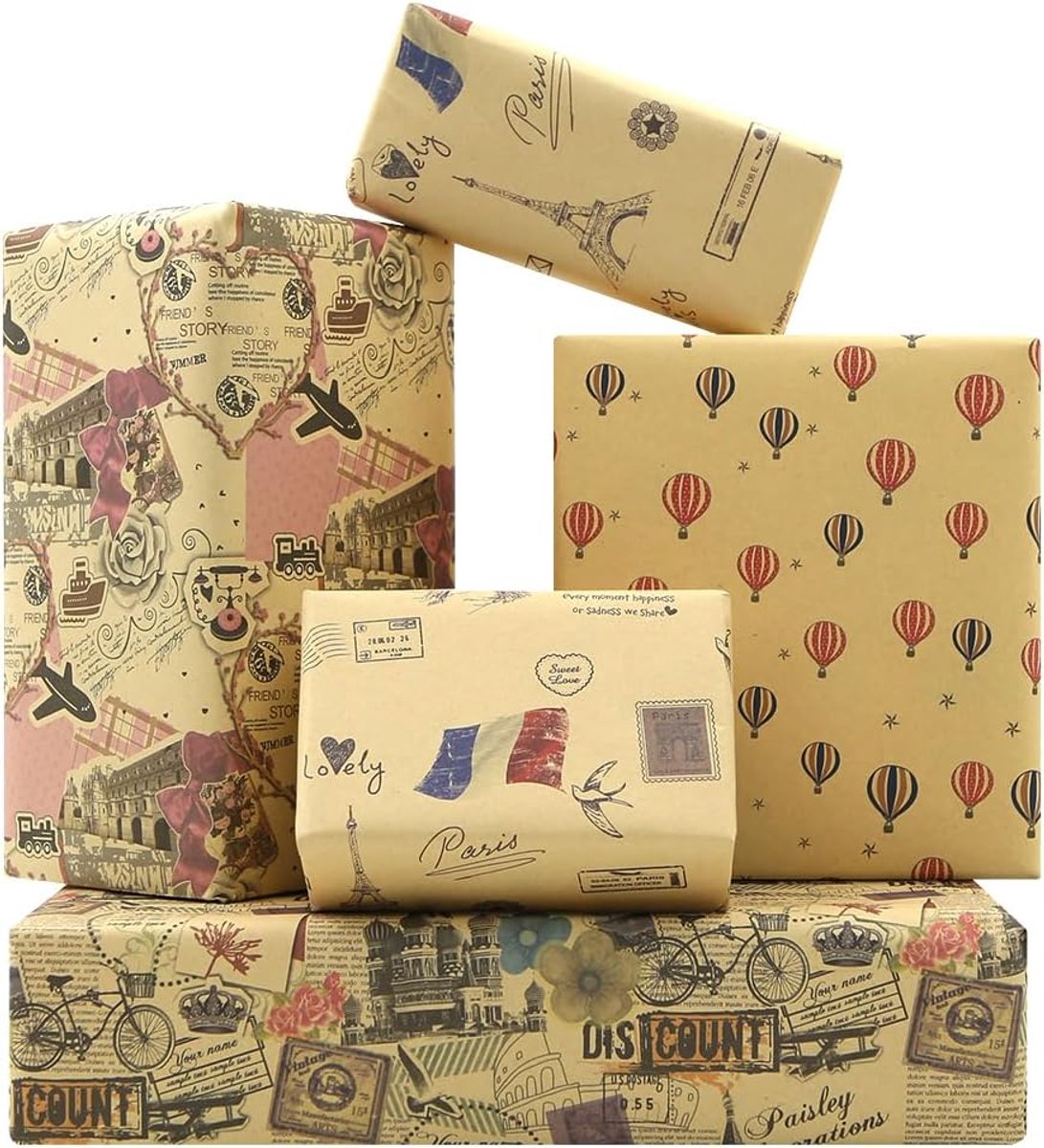 Cadeaupapier vintage 50,8 x 73,7 cm - kraftpapier met Eiffeltoren en vliegtuigprint - retro stijl - ShopVlot