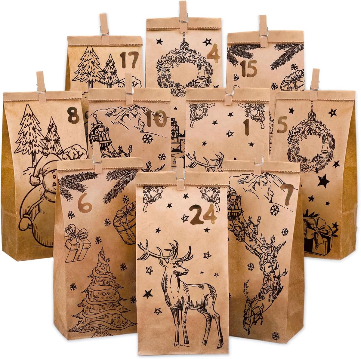 Adventskalender voor zelf te vullen - 24 DIY Adventzakken - inclusief stickers en jute koord - ShopVlot