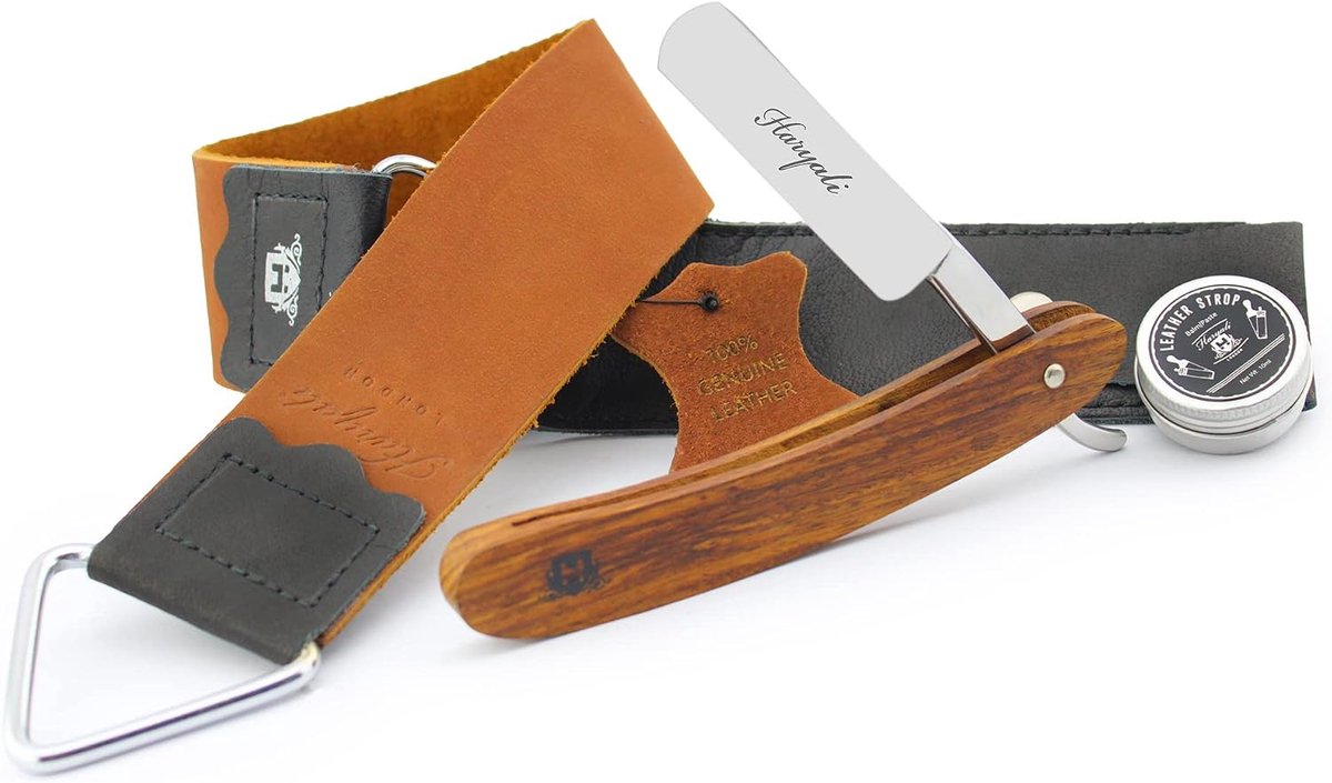 Scheerset 3-delig - Houten rechtshandige scheermes - Maroon leren strop - Ideaal voor nat scheren - ShopVlot