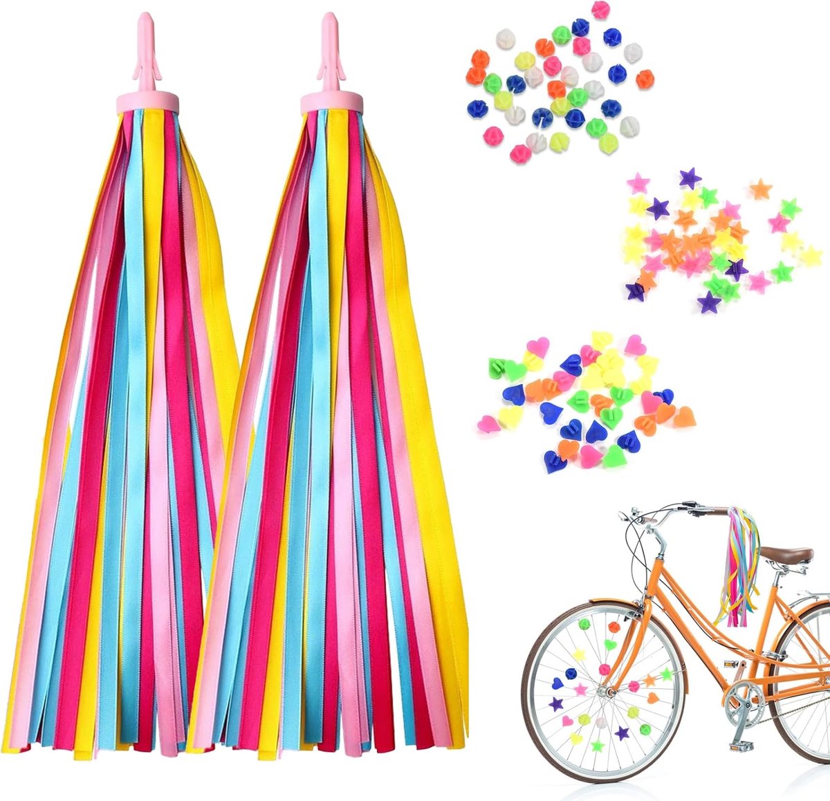 Kinderfietsslangen 110 stuks - kleurrijke banden en handgrepen - decoratie met glitter en kwastjes - ShopVlot
