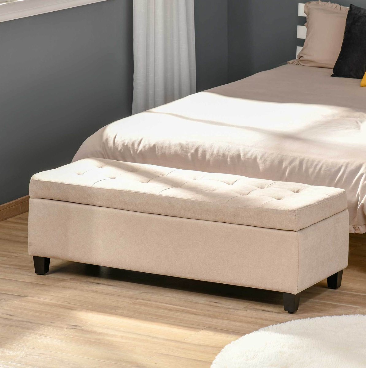 Zitbank 125 Cm - Met Opbergruimte En Soft Gestoffeerde Zitting - Voor Woonkamer En Slaapkamer - Polyester - Beige