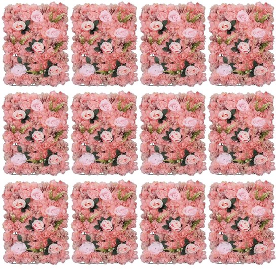 Cellista Bloemenwand Panelen - Kunstbloemenwand - Bloemenmuur Achtergrond - Bruiloft Decoratie - 12 Stuks 60 x 40 cm - Roze Dahlia & Rozen - Wanddecoratie Binnen