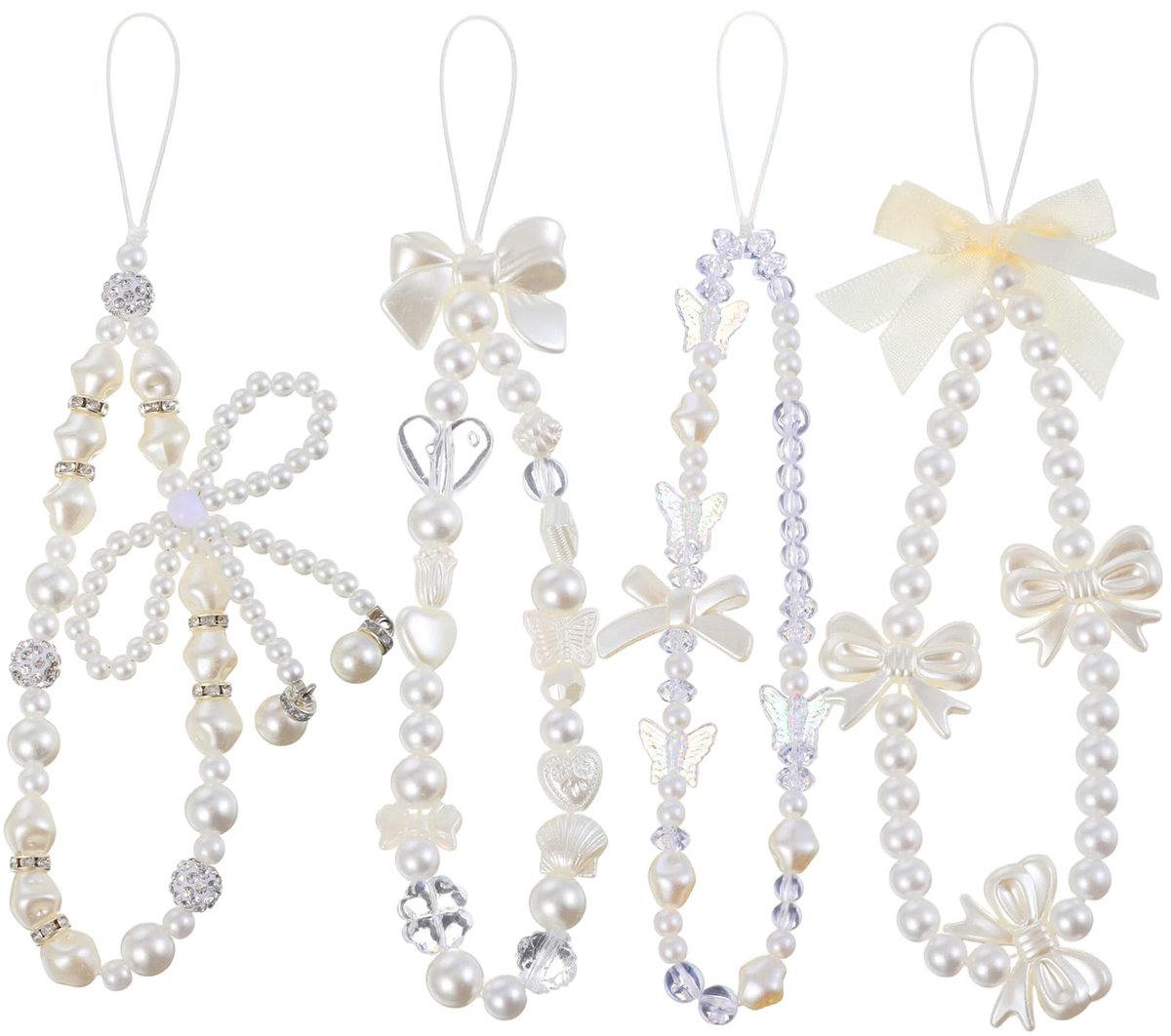 Telefoonhangers 4 stuks - witte telefoonbedels - parelstrik - trendy accessoire voor dames - ShopVlot