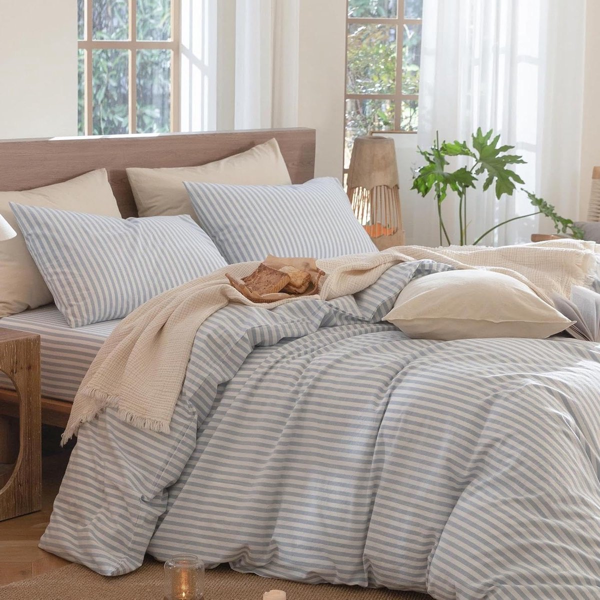 Beddengoed 220x240 - Gestreept Blauw Wit - 100% Renforce Katoen - Geschikt voor Allergieën - ShopVlot