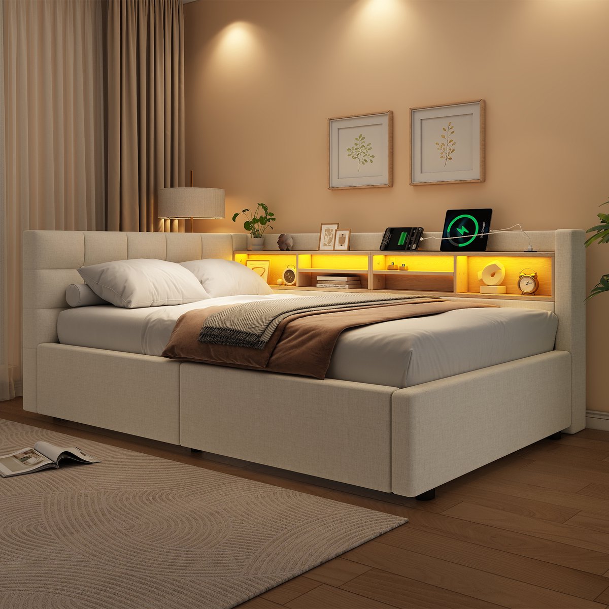 VVBV Bedbank 90x200 cm - Hydraulische Opbergruimte, USB-Aansluiting, Stopcontact, LED-Verlichting - Beige, Linnen