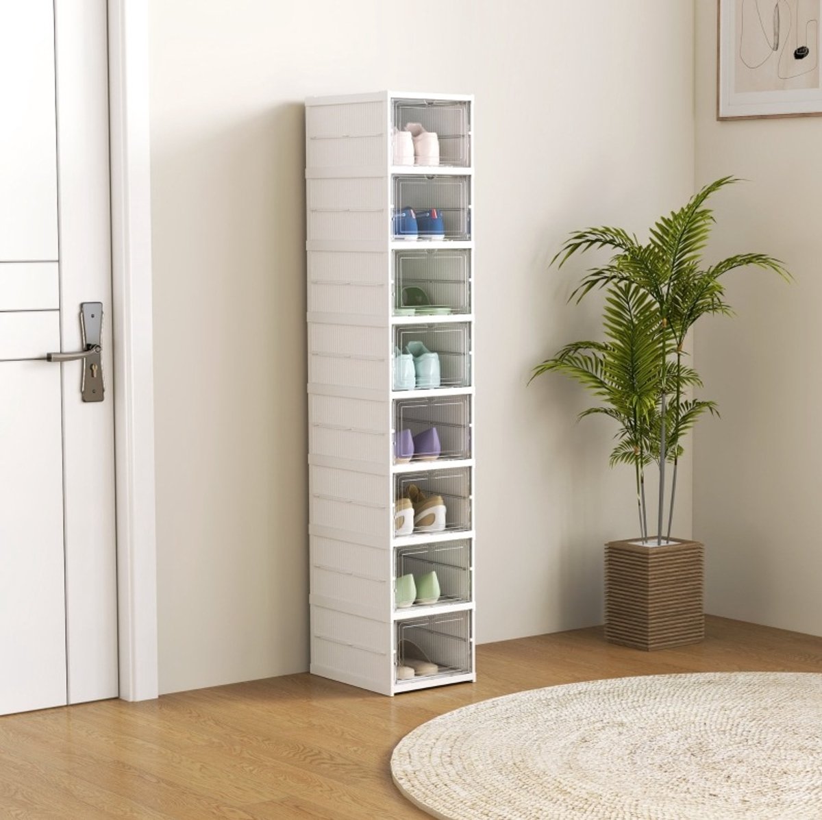 MIVRAY Schoenopbergkast Stapelbaar en Opvouwbaar 8 Stuks 26 x 35 x 140 cm Kunststof Wit Voor Schoenen Tot Maat 43 Met Transparante Deur