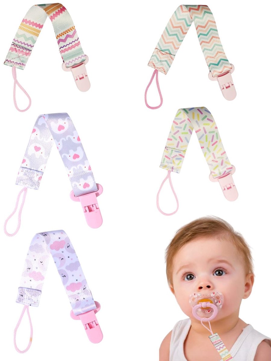 Thijox - Fopspeenketting voor Kinderen, Fopspeenhouder met Clip, 5 Stuks, Roze, Geschikt voor Alle Fopspenen, Duurzaam en Zacht Materiaal, Perfect voo