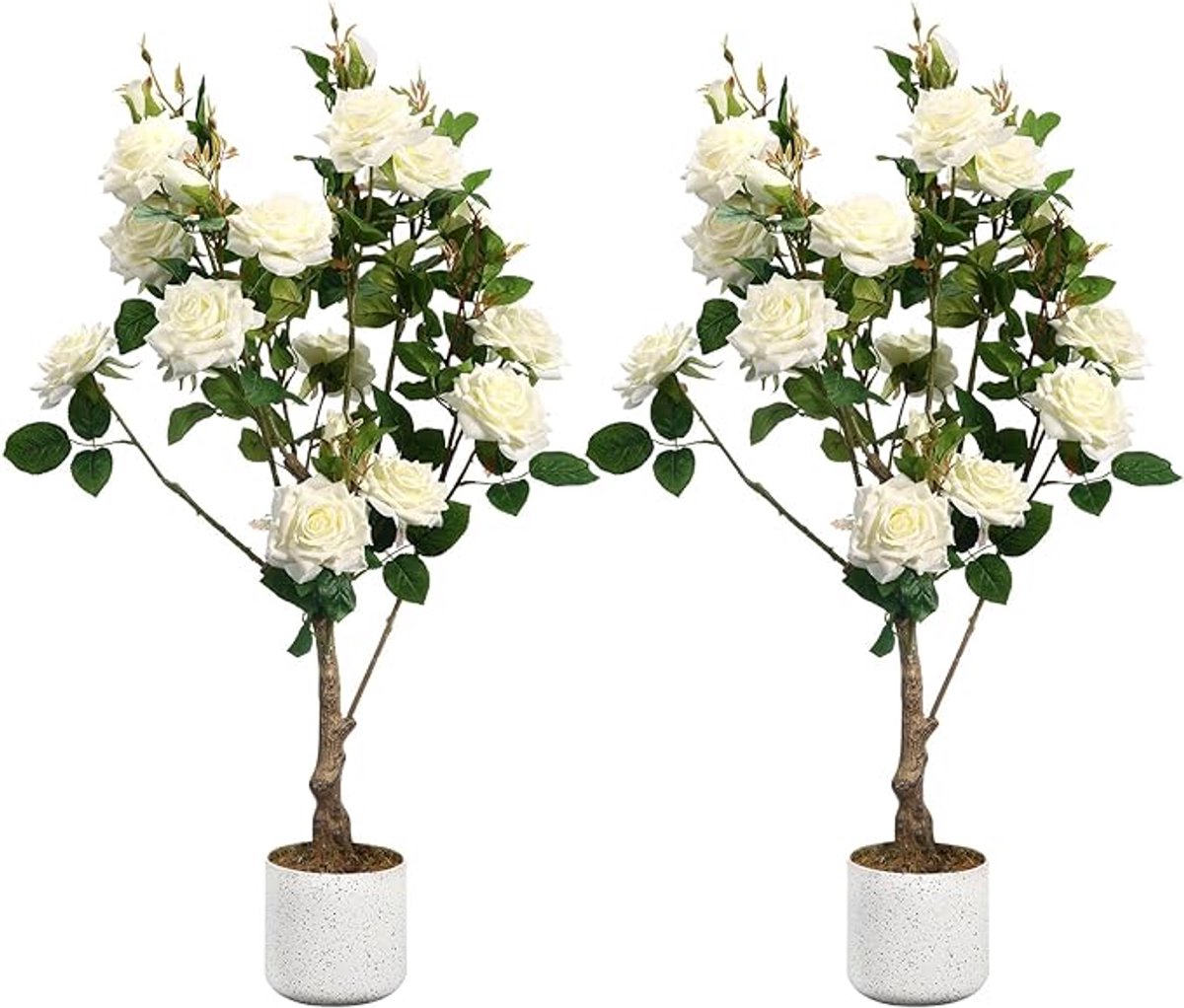 HOERFURIY - kunstrozenboom - set 2 stuks 80cm wit lenteroos polyester met pot voor binnen en buiten
