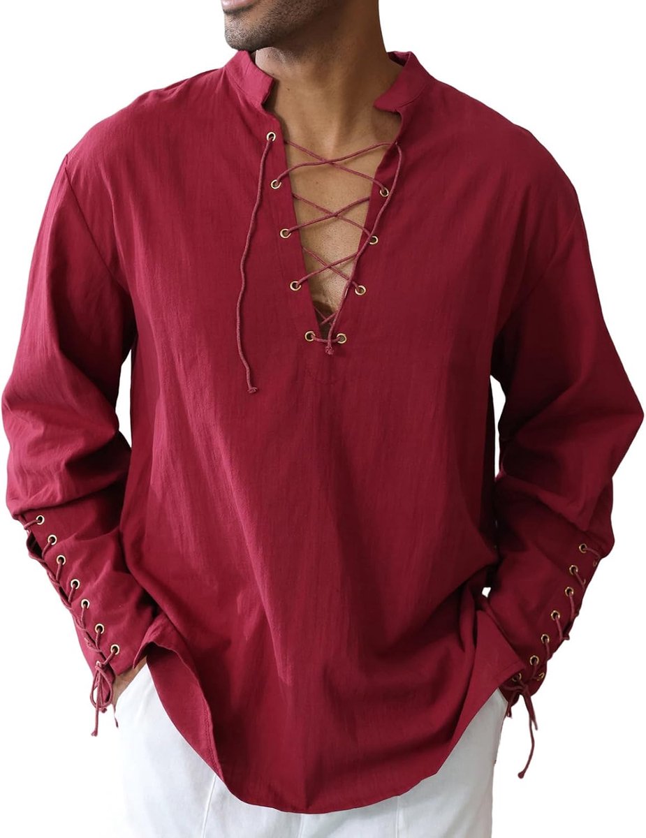 Heren Katoenen Shirt - Trekkoord Armbanden - Vintage Middeleeuws Viking Piraten Renaissance - Ideaal voor Themafeesten - ShopVlot