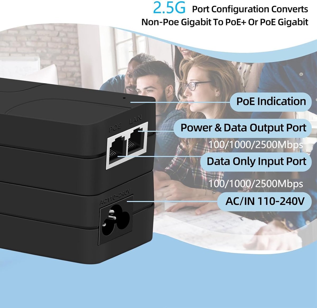 PoE injector 30W - Gigabit PoE adapter - tot 100 meter afstand - ideaal voor IP-camera's en VoIP-telefoons - ShopVlot