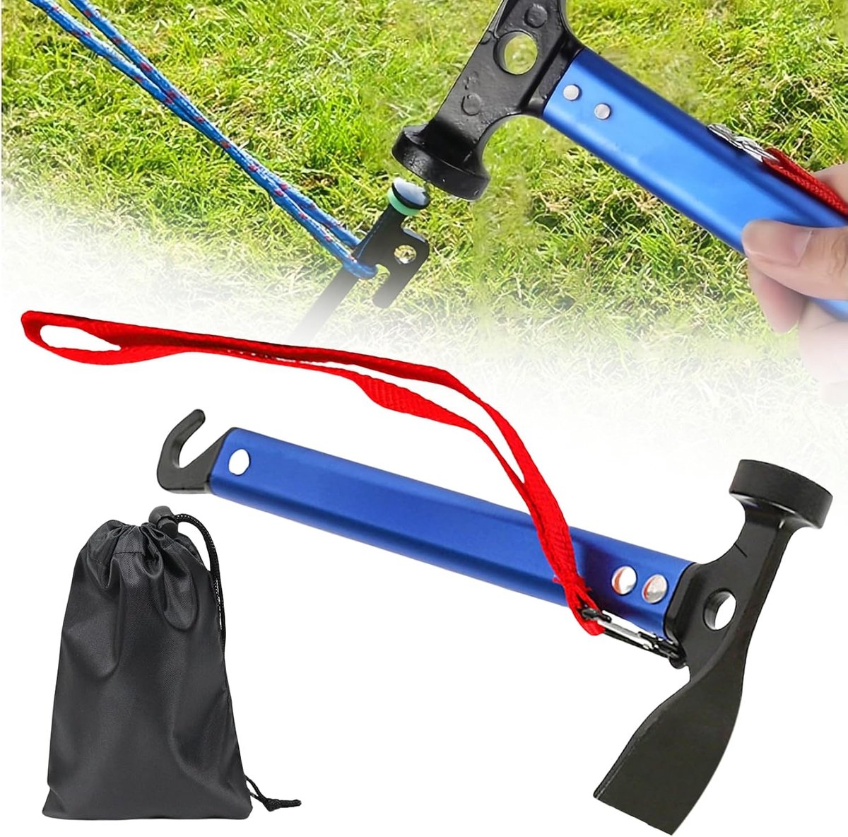 Campinghamer 30,5 cm - Aluminium met haak en mini-riek - Multifunctioneel voor campingstokken - Inclusief opbergtas - ShopVlot