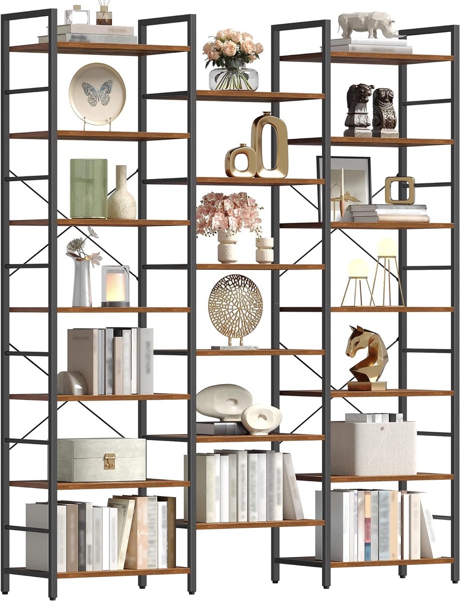 HILINSIE boekenkast van 217 cm, met 20 planken, 7 niveaus, bruin-zwart
