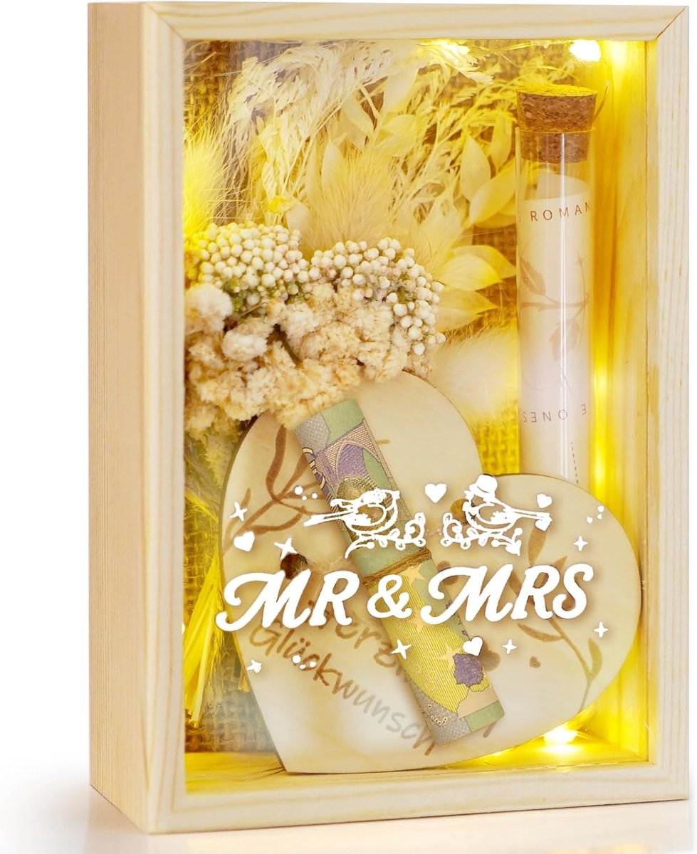 Houten trouw geschenkdoos - inclusief gedroogde bloemen - creatief geldcadeau - perfect voor bruiloften - ShopVlot