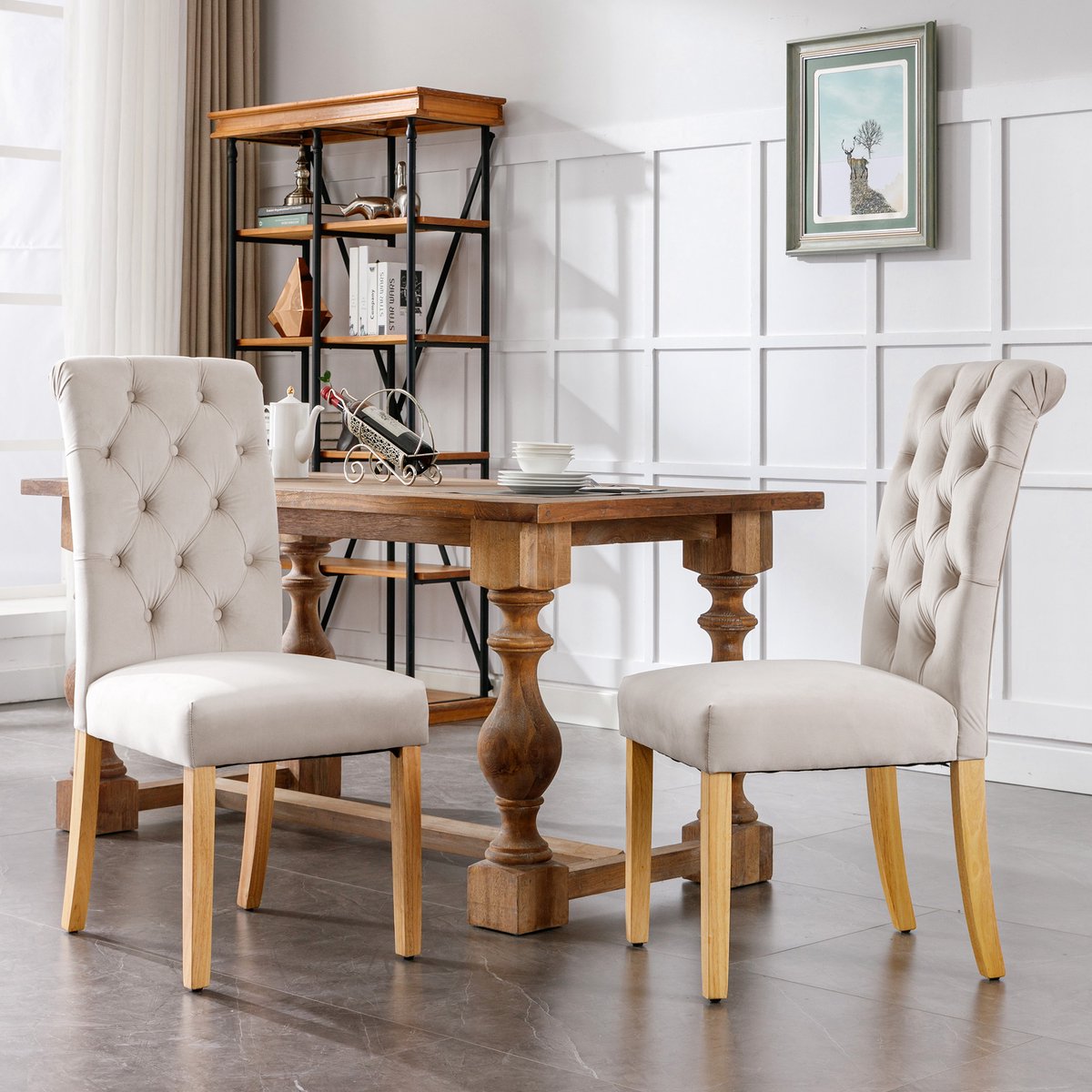 Eetkamerstoelen 2 Stuks - Velvet Stoel Met Eiken Poten En Knopen - Beige