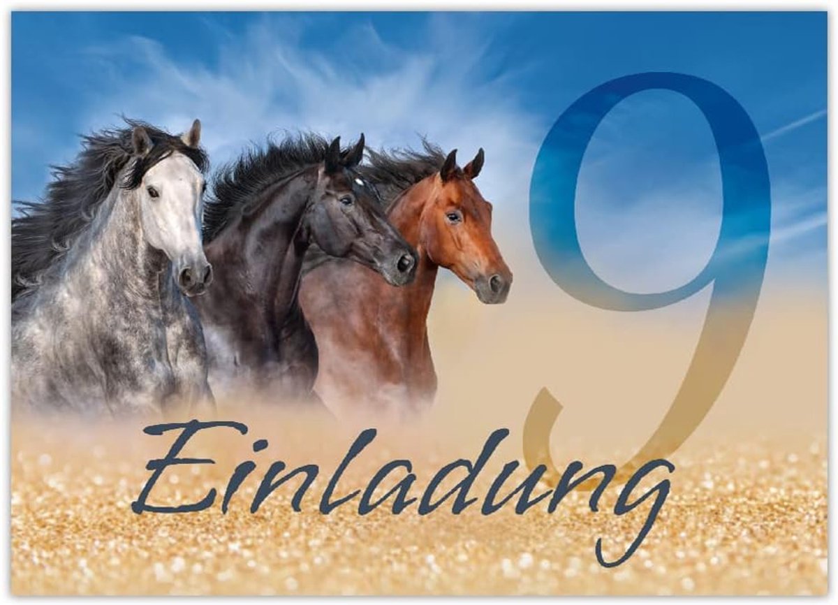 Uitnodigingskaarten 9e verjaardag - 12 stuks - met paarden - praktische invulvelden - ShopVlot