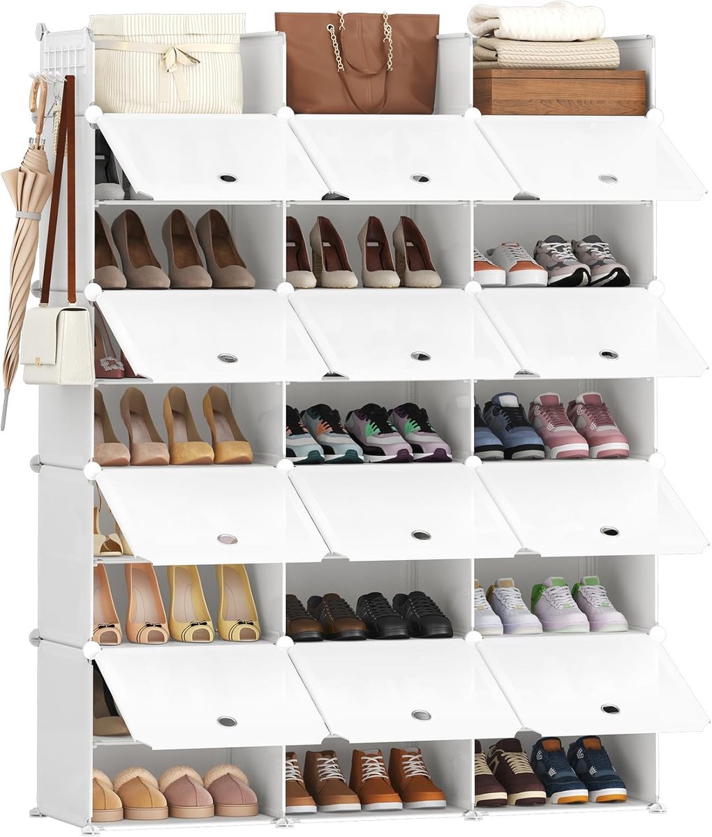 Hzuaneri Schoenenrek, 12 schoenenkast met deuren en haken, 36 x 125 x 161 cm, Kunststof schoenenrek, voor 48 paar schoenen, schoenenkast voor hal, slaapkamer, entree, wit