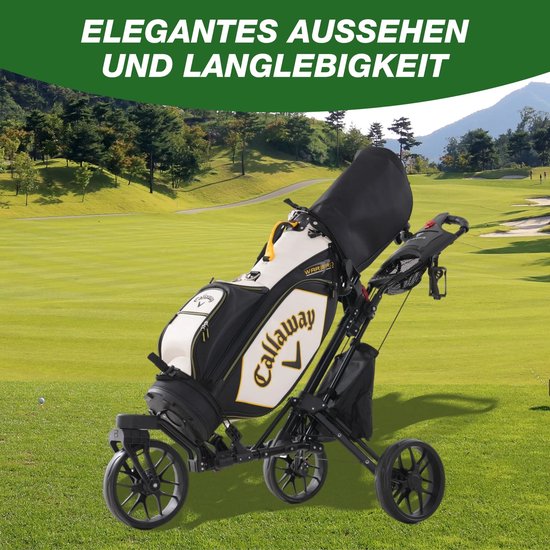 Emvae Golftrolley - Golfkar - Opvouwbaar - 3 Wielen - Voetrem - Rubberen Banden - Aluminium - 162 x 67 x 113 cm - 8 kg - Zwart — afbeelding 2