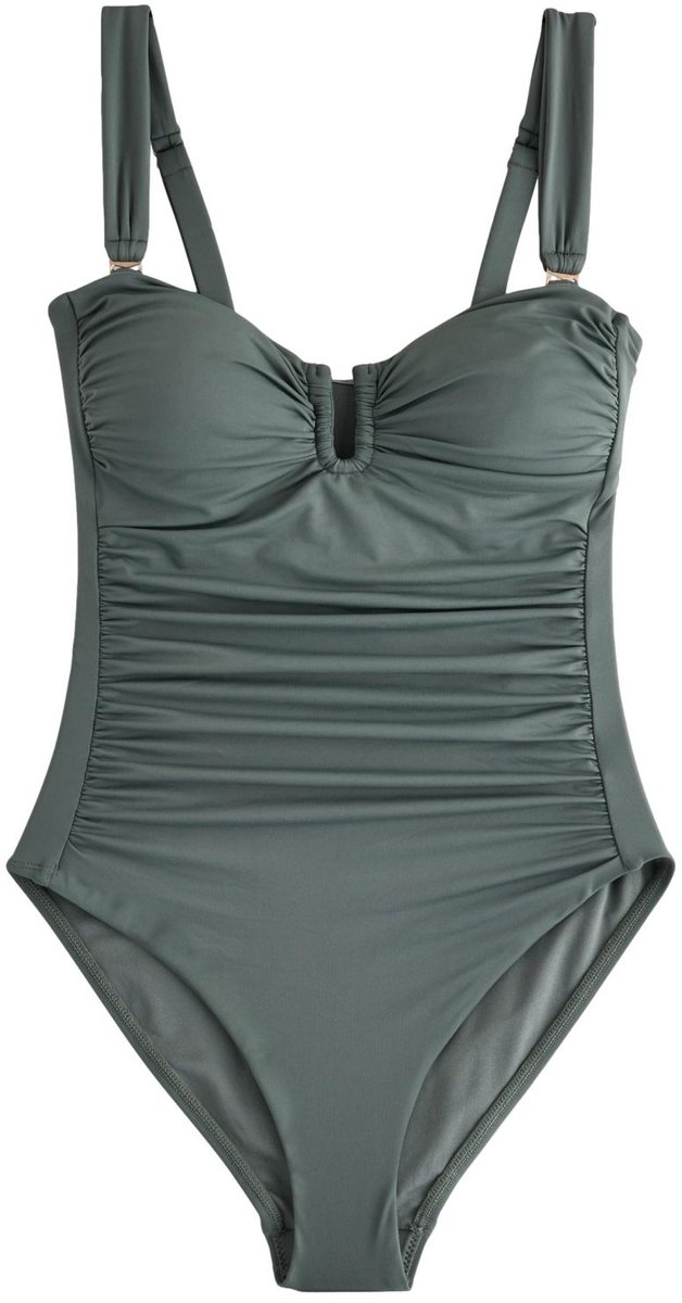 Next Dames - U-vormig buikcorrigerend bandeau-zwempak met plooien - Groen Khaki Green