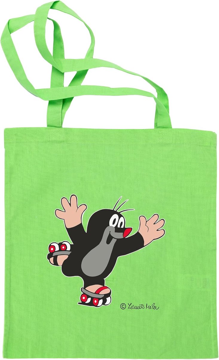 Katoenen tas voor boodschappen 42 x 38 cm - groene tas - originele kleine mol met rollerskates - ideaal voor kinderen - ShopVlot