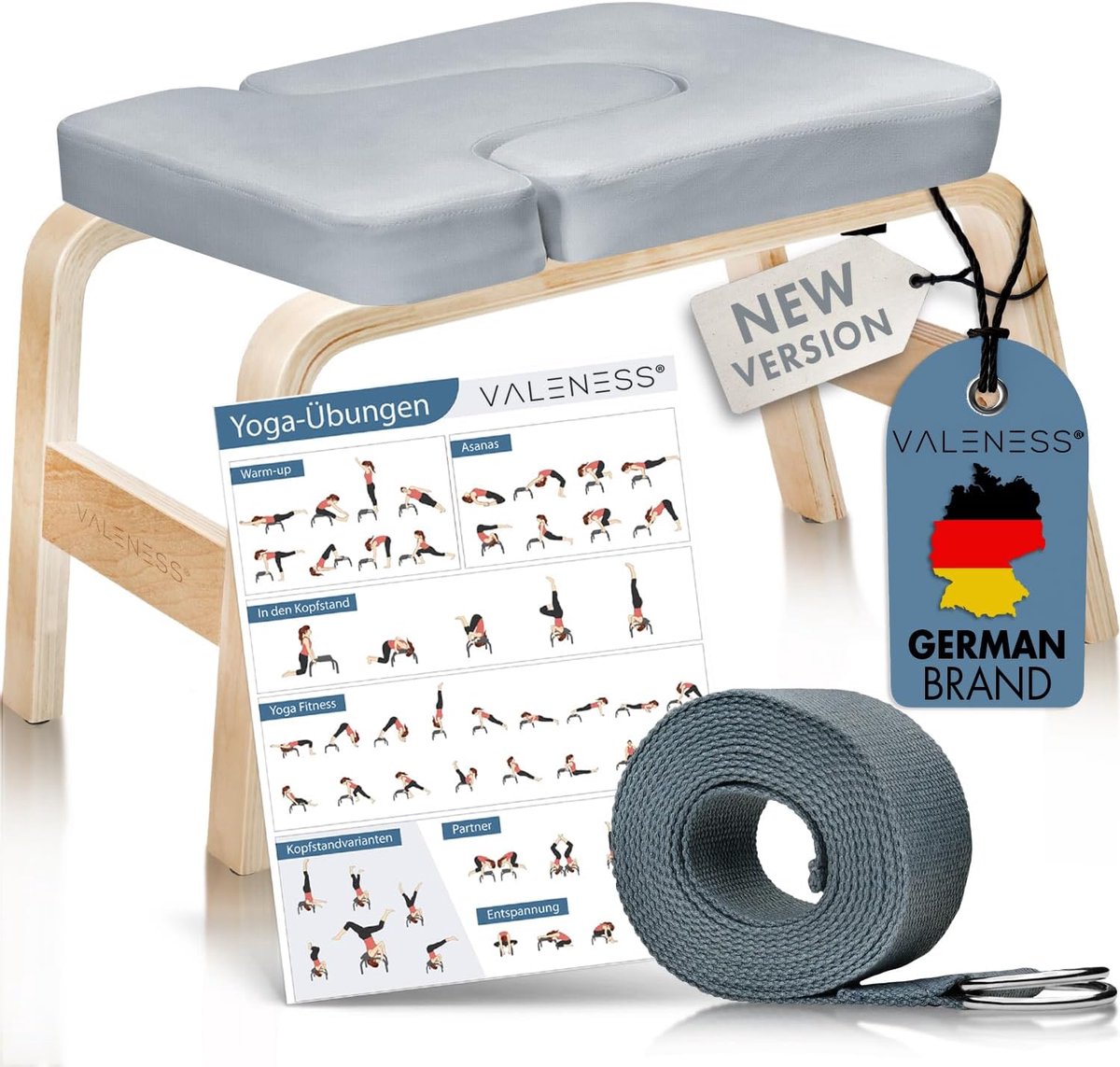 Yoga hoofdstand bank - natuurlijke houten yogastoel - inclusief oefenposters en yoga blok - ideaal voor beginners - ShopVlot