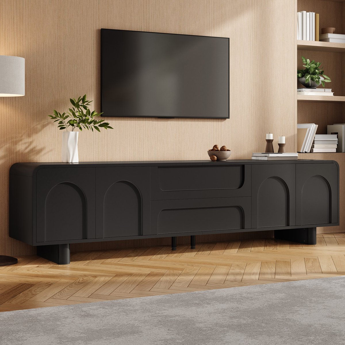 STILVORA TV Meubel - Modern Lowboard Met Rondingen, 2 Deuren En 2 Lades - Voor Woonkamer En Slaapkamer - MDF En Spaanplaat - Zwart - 180x40x46 Cm