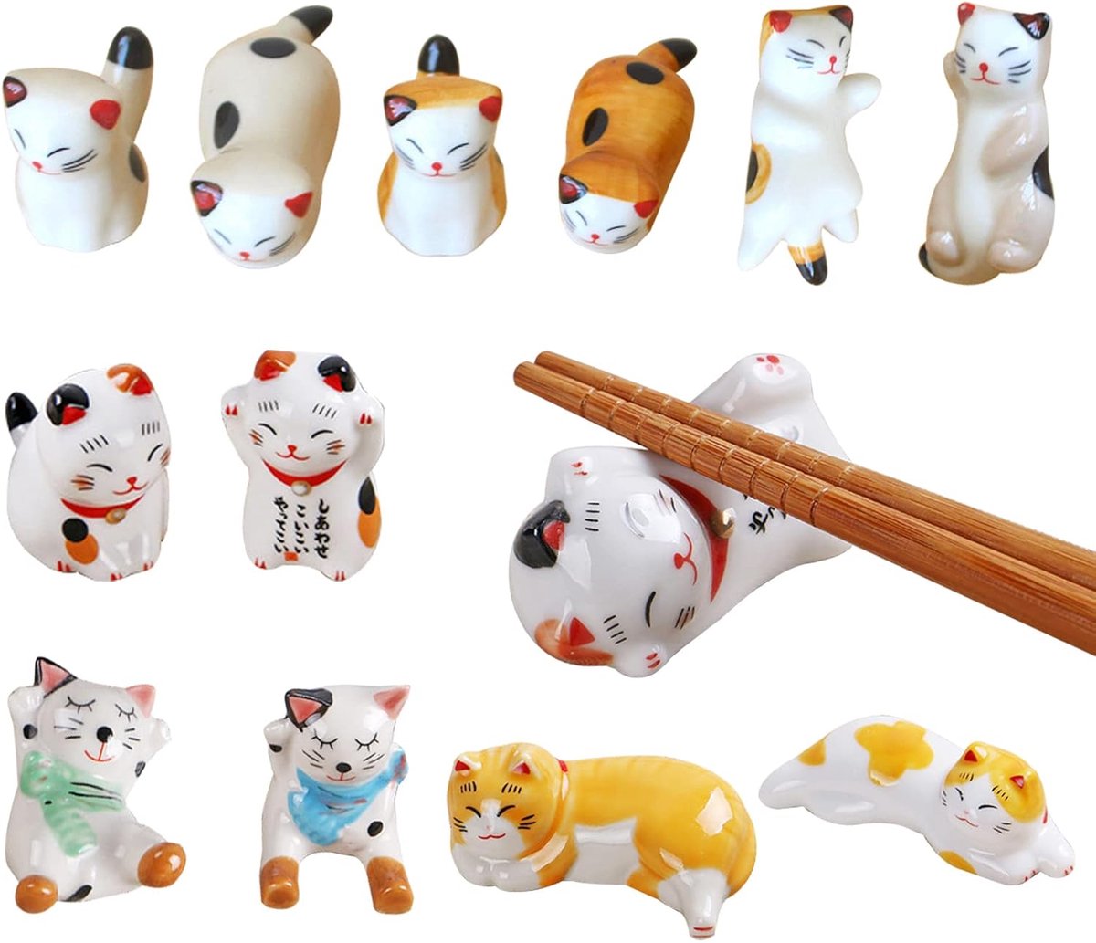 Keramische eetstokjes set van 12 - handgemaakt - kattenontwerp - perfect voor een schattige tafelsetting - ShopVlot