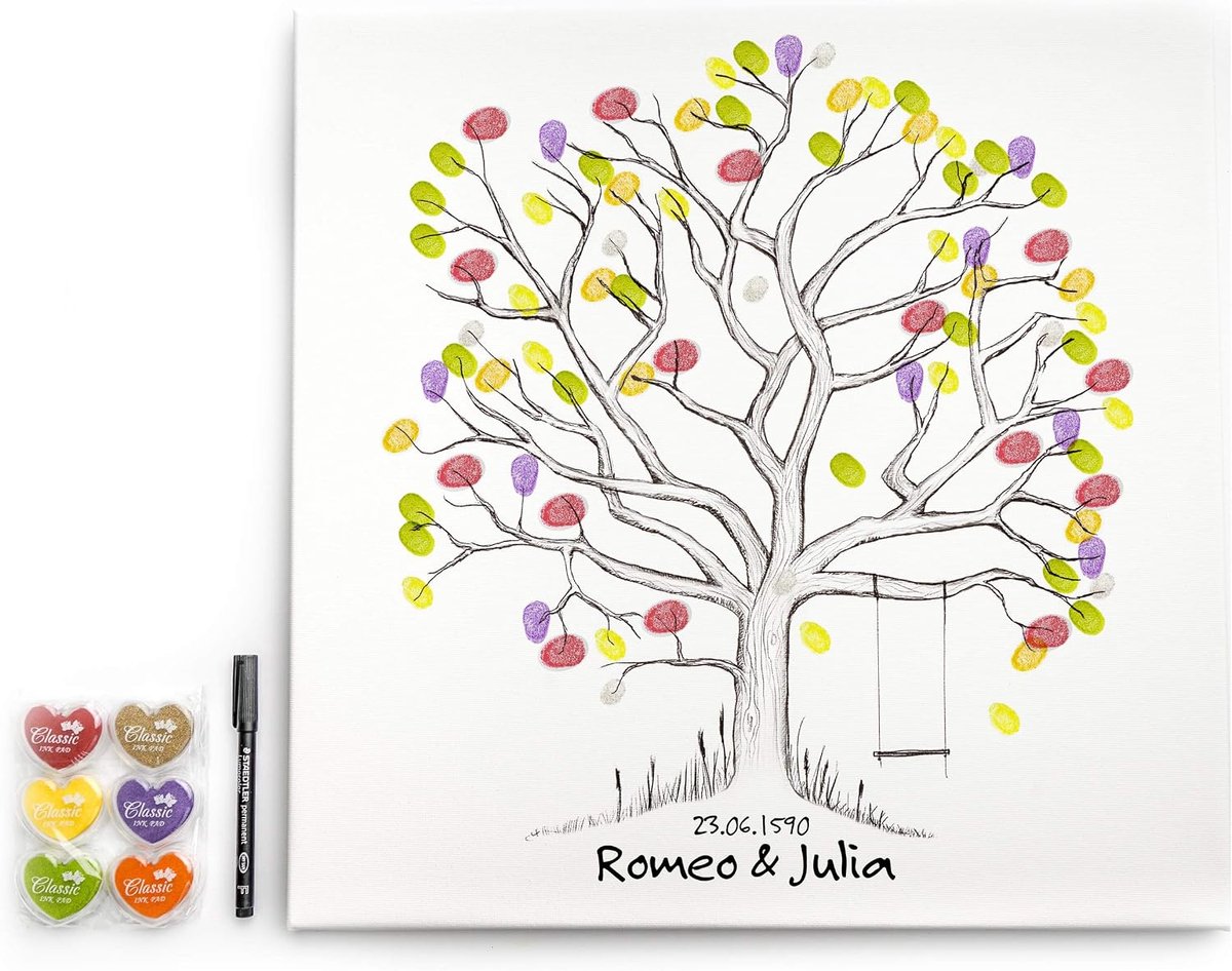 Canvas voor vingerafdrukken 50x50 cm - Motief boom met schommel - Perfect als gastenboek voor bruiloften - ShopVlot